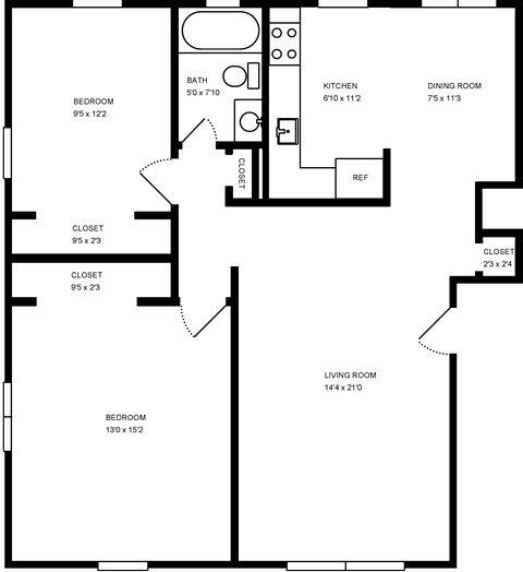 Floor plan for 2 beds, 1 bath, 950 sqft